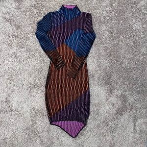 Long-Sleeve Netted Mesh Colorblock Dress, Black/Multicolor